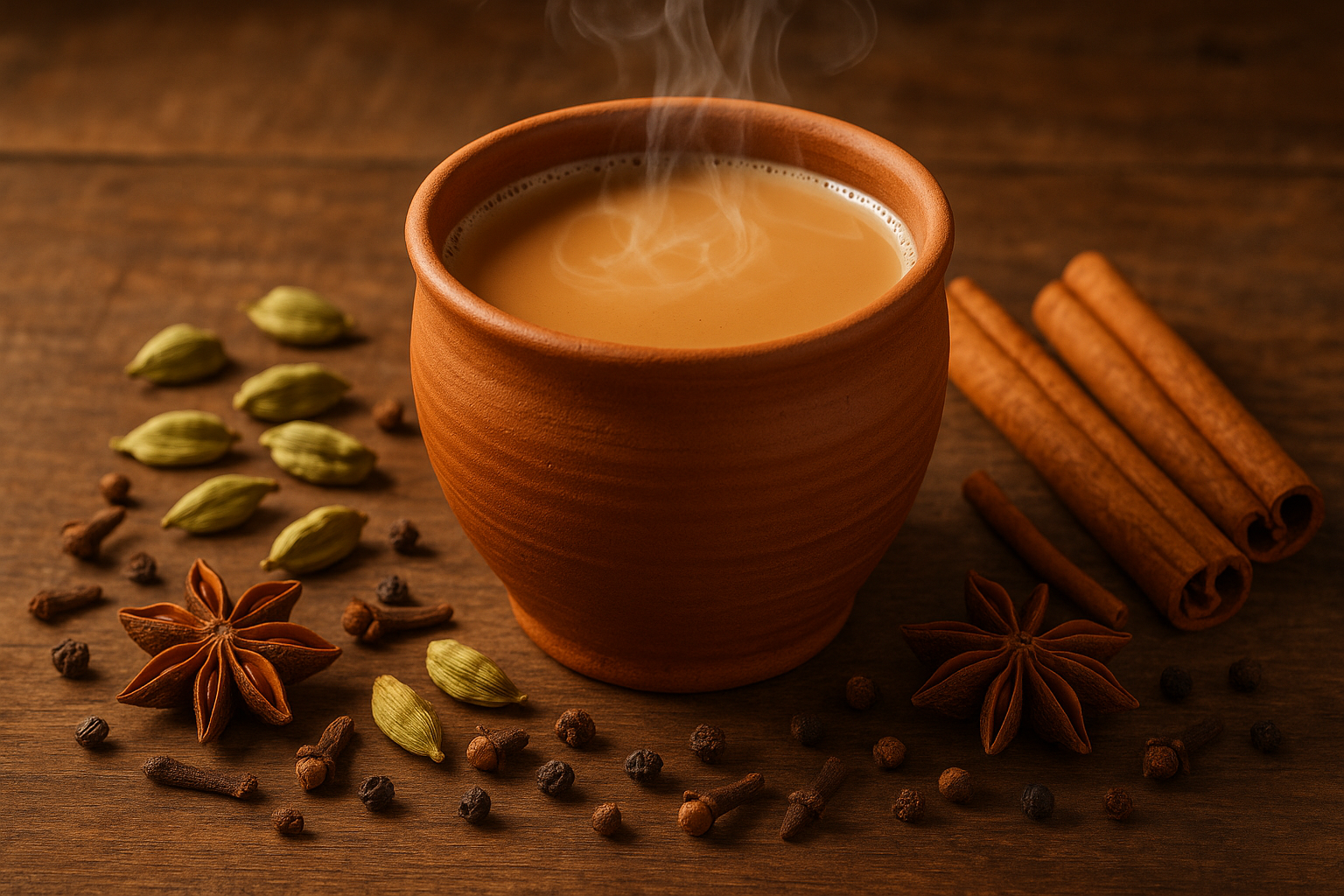 clay cup with punjabi chai and chai spices around the cup on a wooden table top